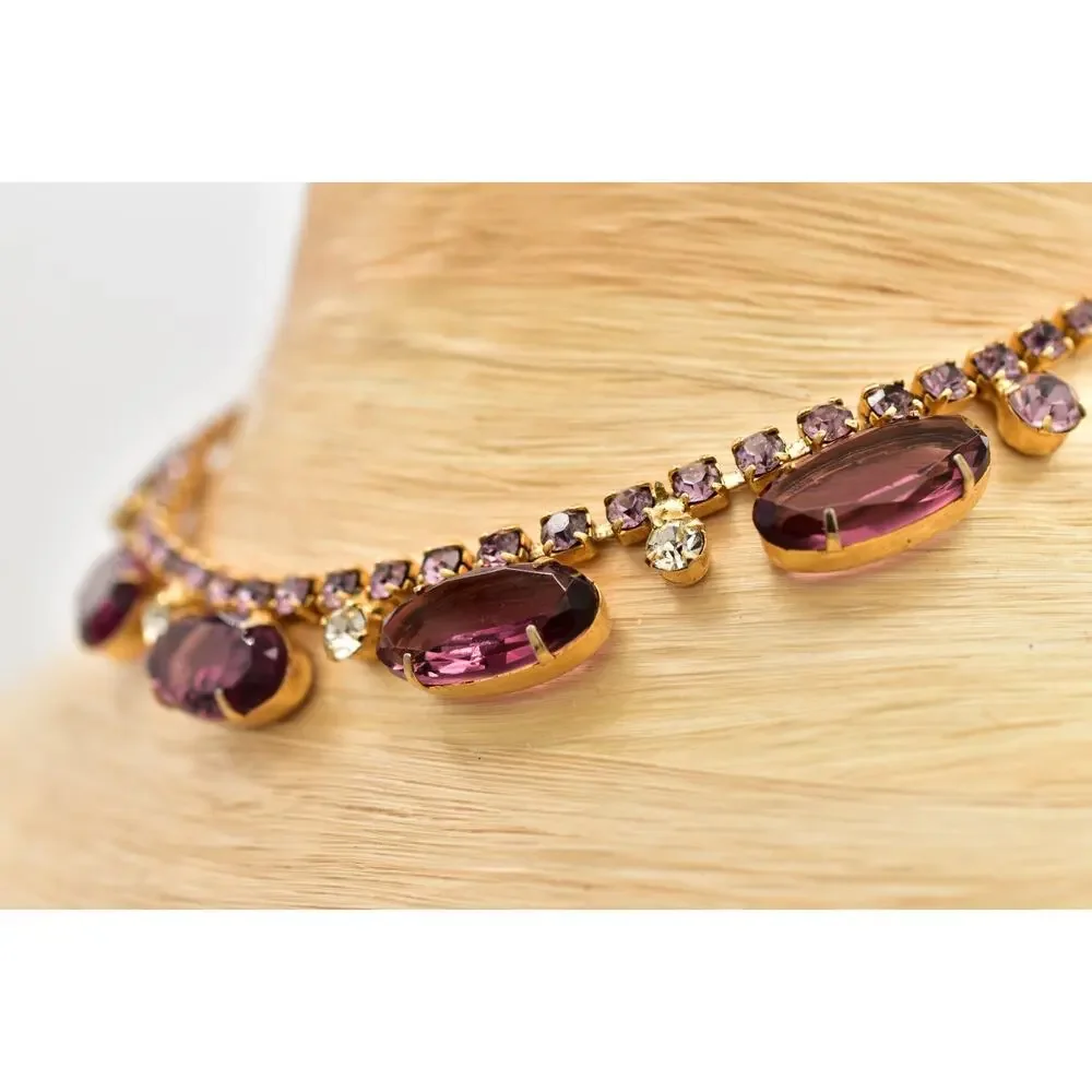 Vintage Purple Rhinestone Bezel Prong Crystal Choker Necklace Collar Gold 60s 9J